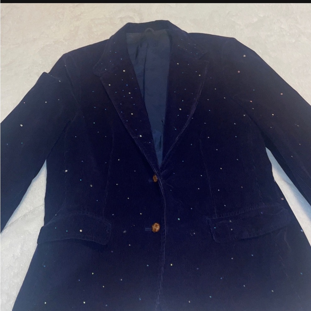 Vintages Navy Blue Corduroy blazer with blue and silver Rhinestones hand made